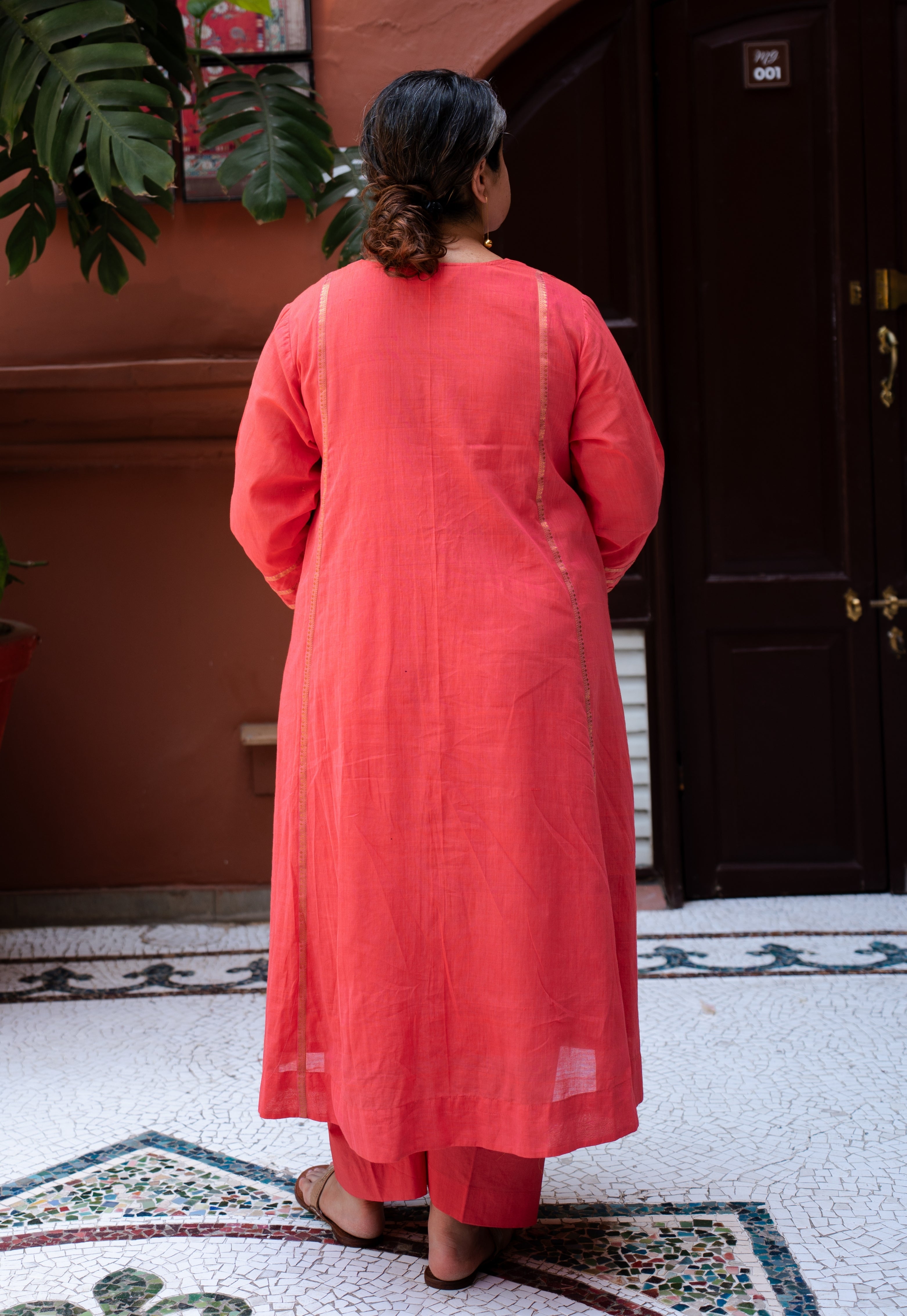 Ruhza Orange Mangalgiri Cotton Kali Kurta with Nizam Border