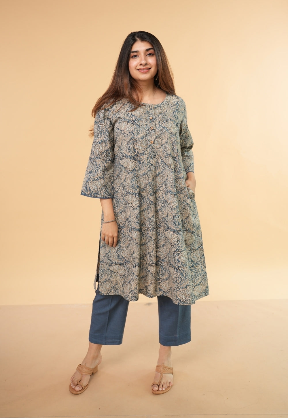 Daniya Blue Kalamkari Cotton Straight Kurta