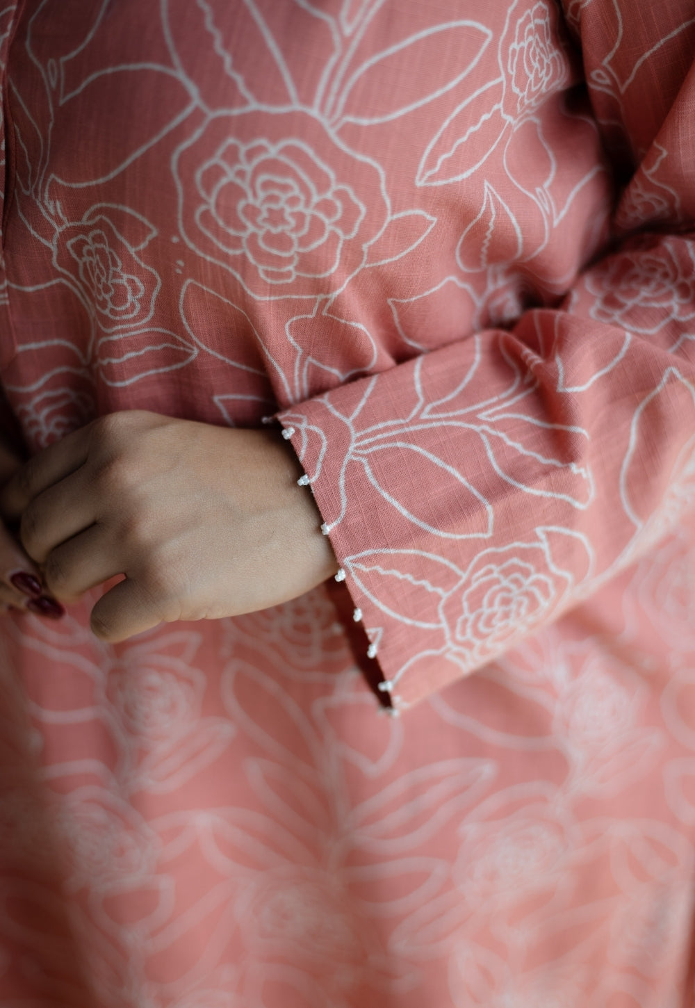Azha Coral Hand Block Print Slub Cotton Straight Kurta with Hand Embroidery