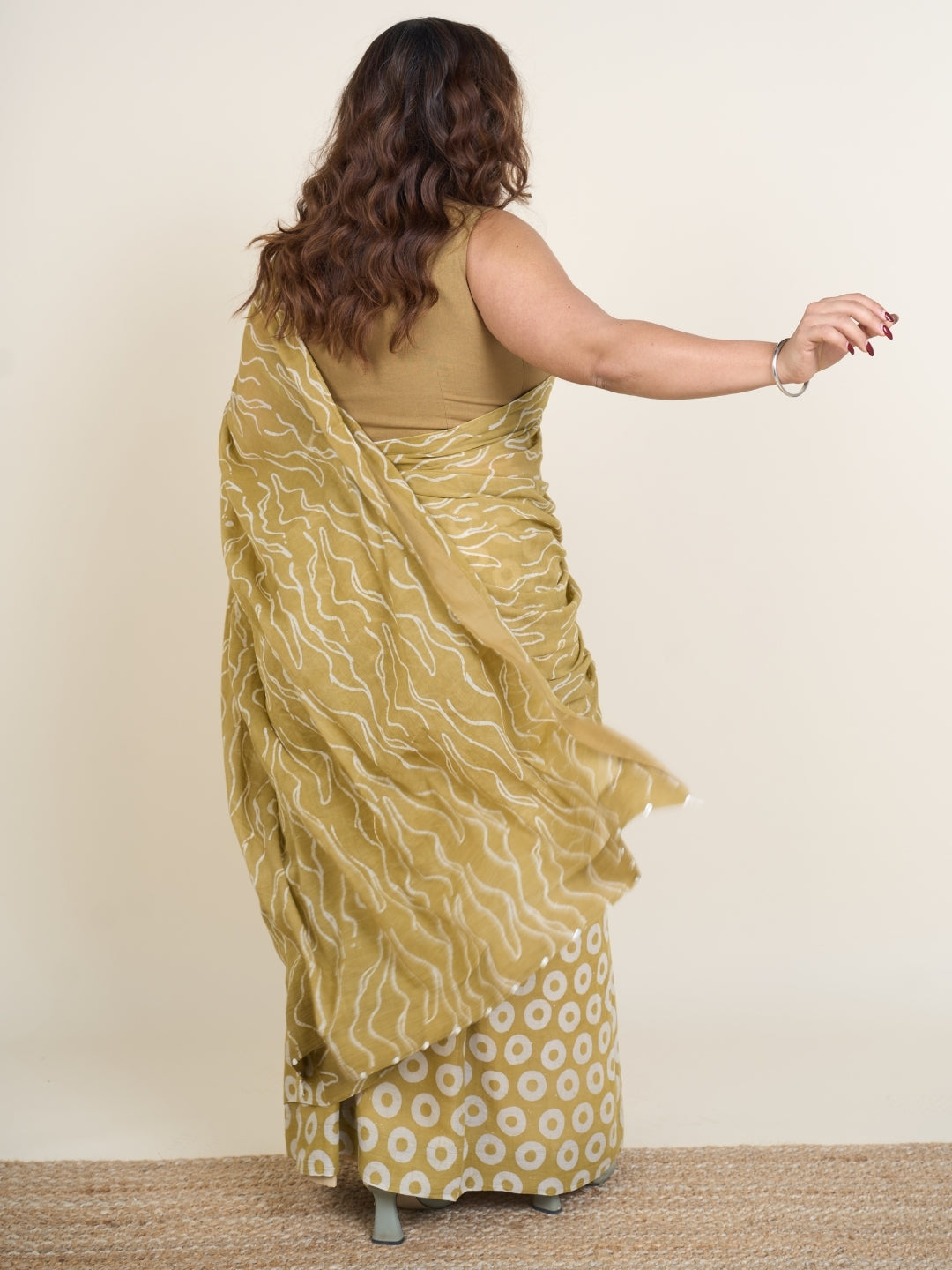 Tuba Green Batik Hand Block Print Mul Cotton Saree with Embroidery