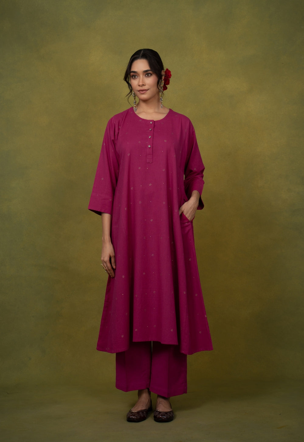 Alizah Pink Rogan Handblock Printed Cotton Jhabbha Kali Suit Set (Set of 3)