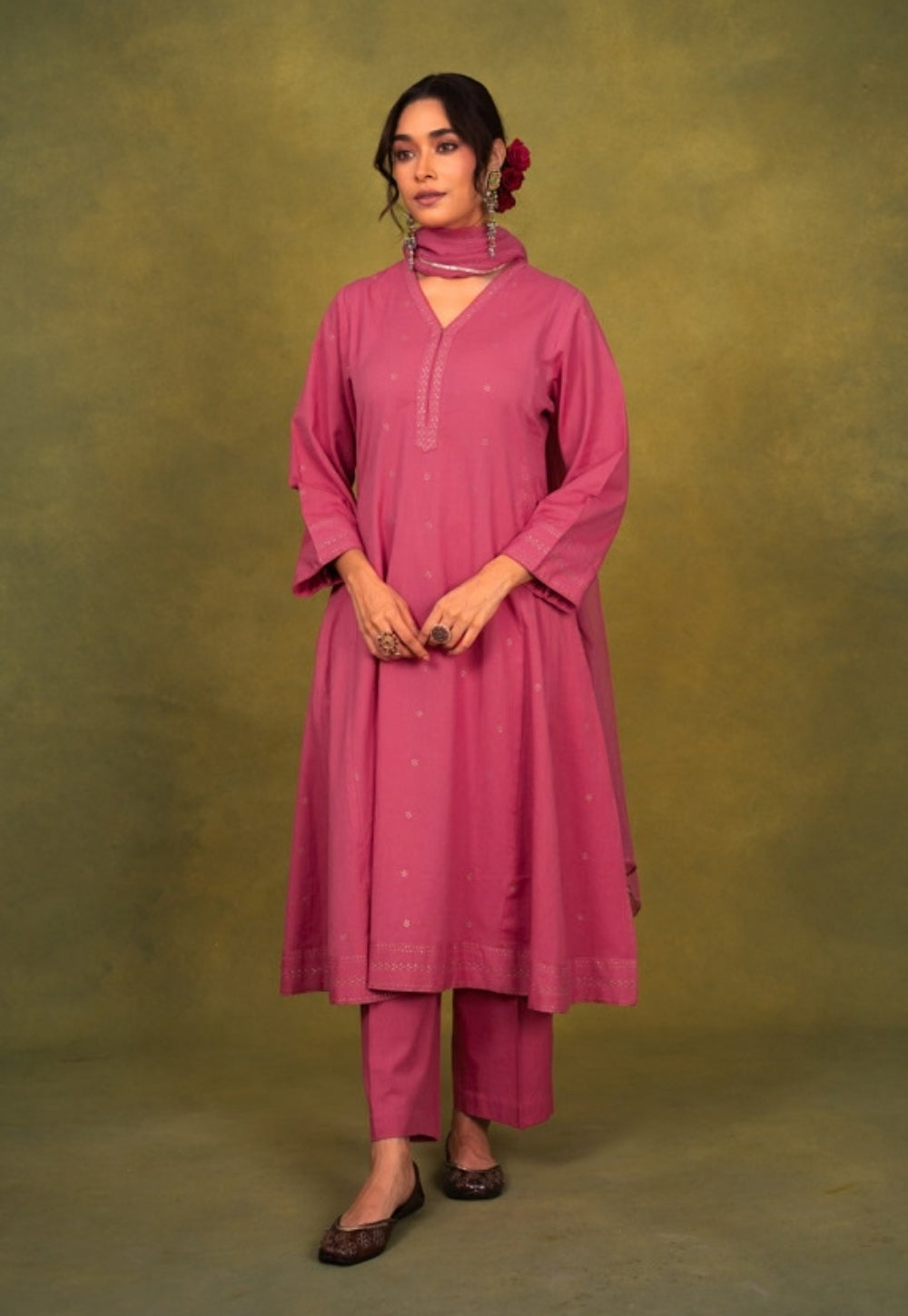 Sadia Pink Rogan Handblock Printed Cotton Kali Kurta Suit Set (Set of 3)