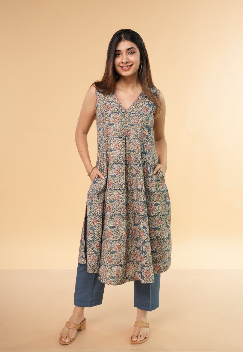 Raahi Blue Kalamkari Cotton Kali Kurta