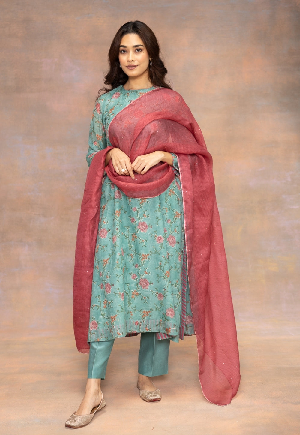 Hot Pink Solid Kota Doria Silk Dupatta with Mukaish Detailing