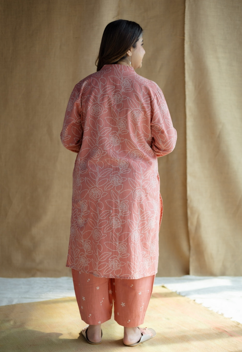 Azha Coral Hand Block Print Slub Cotton Straight Kurta with Hand Embroidery