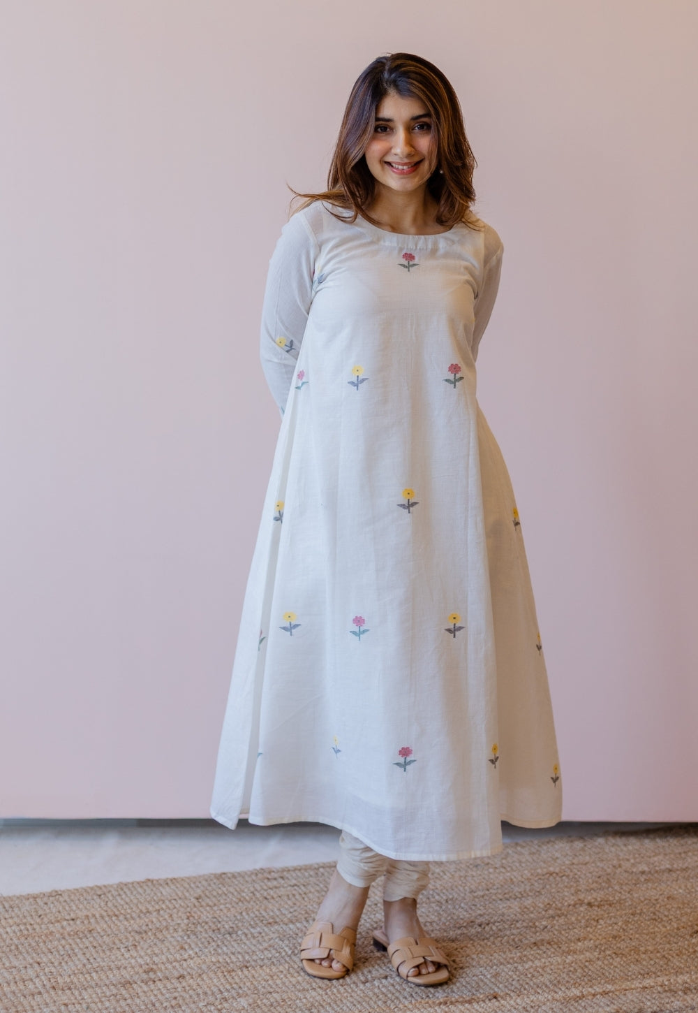 Kiran Off White Jamdani Handspun Handwoven Cotton A Line Kurta