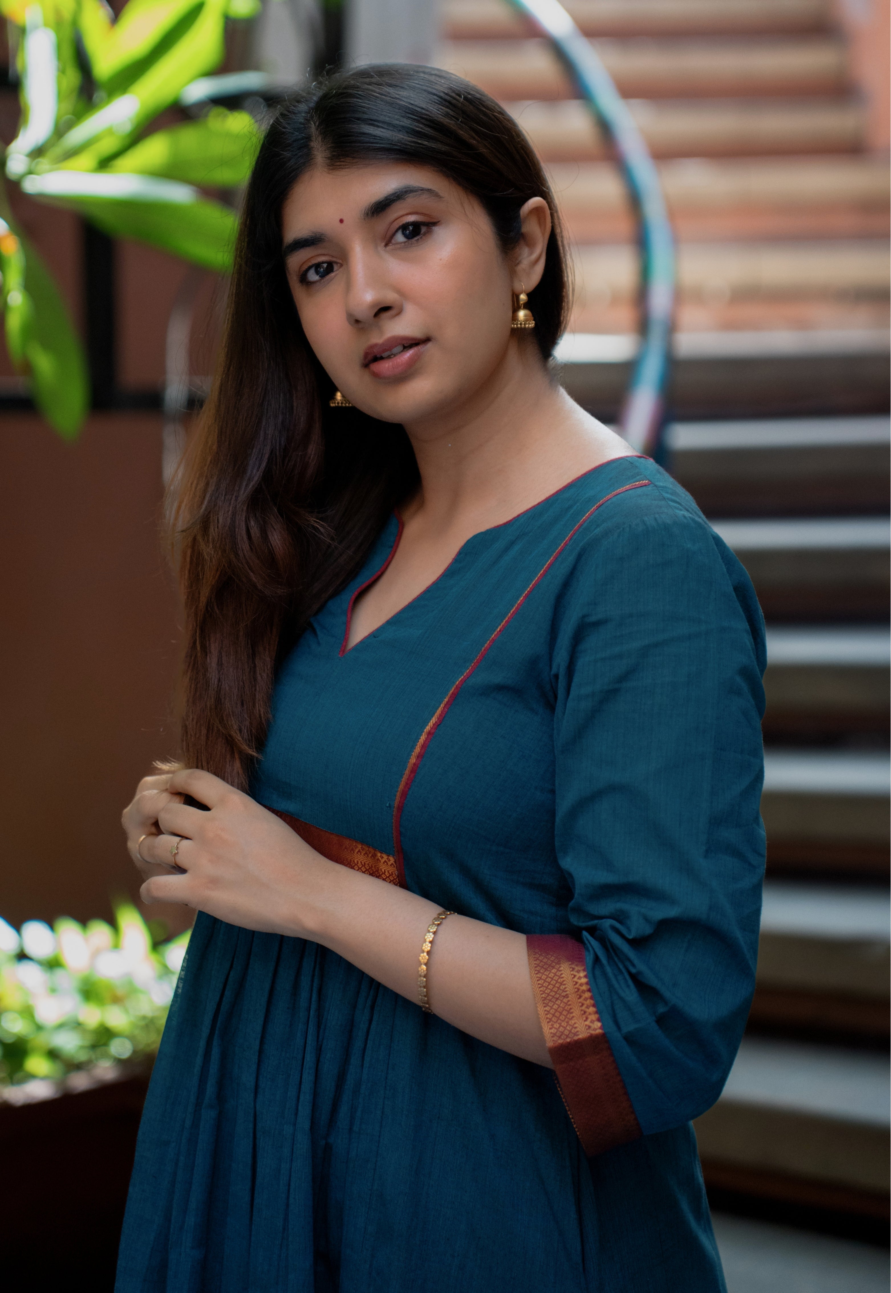 Lipika Blue Mangalgiri Cotton A Line Kurta with Nizam Border