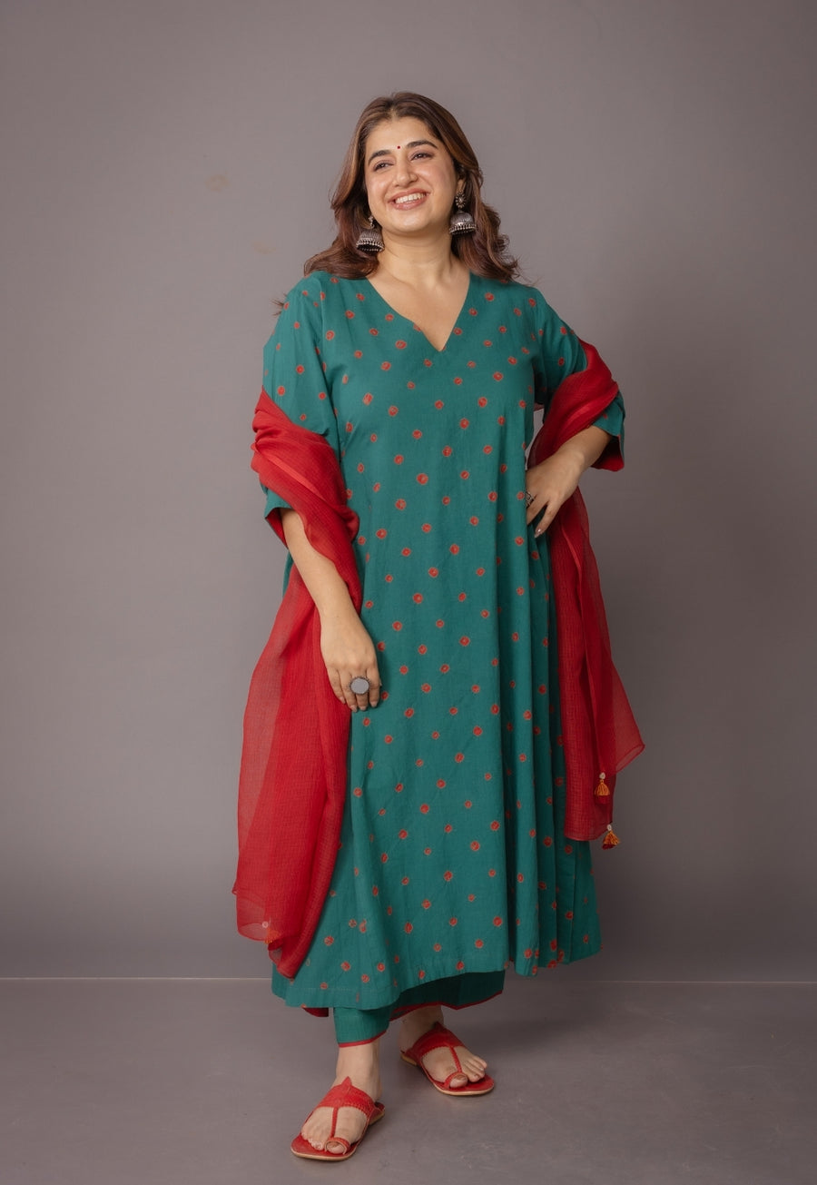 Swara Green Bandhani Cotton Kali Kurta with Embroidery