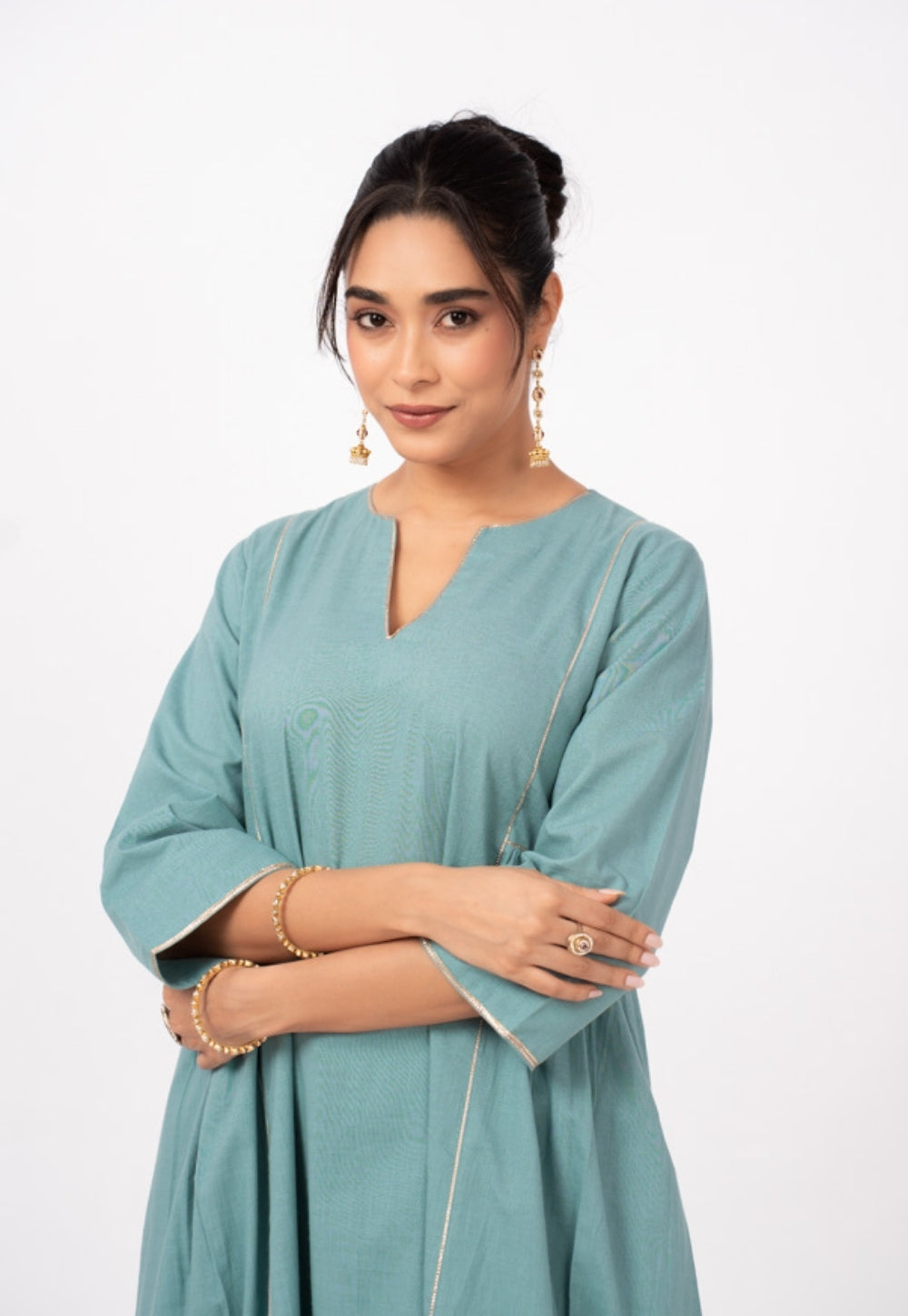 Tamanna Blue Solid Slub Cotton Kali Kurta Suit Set with Printed Dupatta (Set of 3)