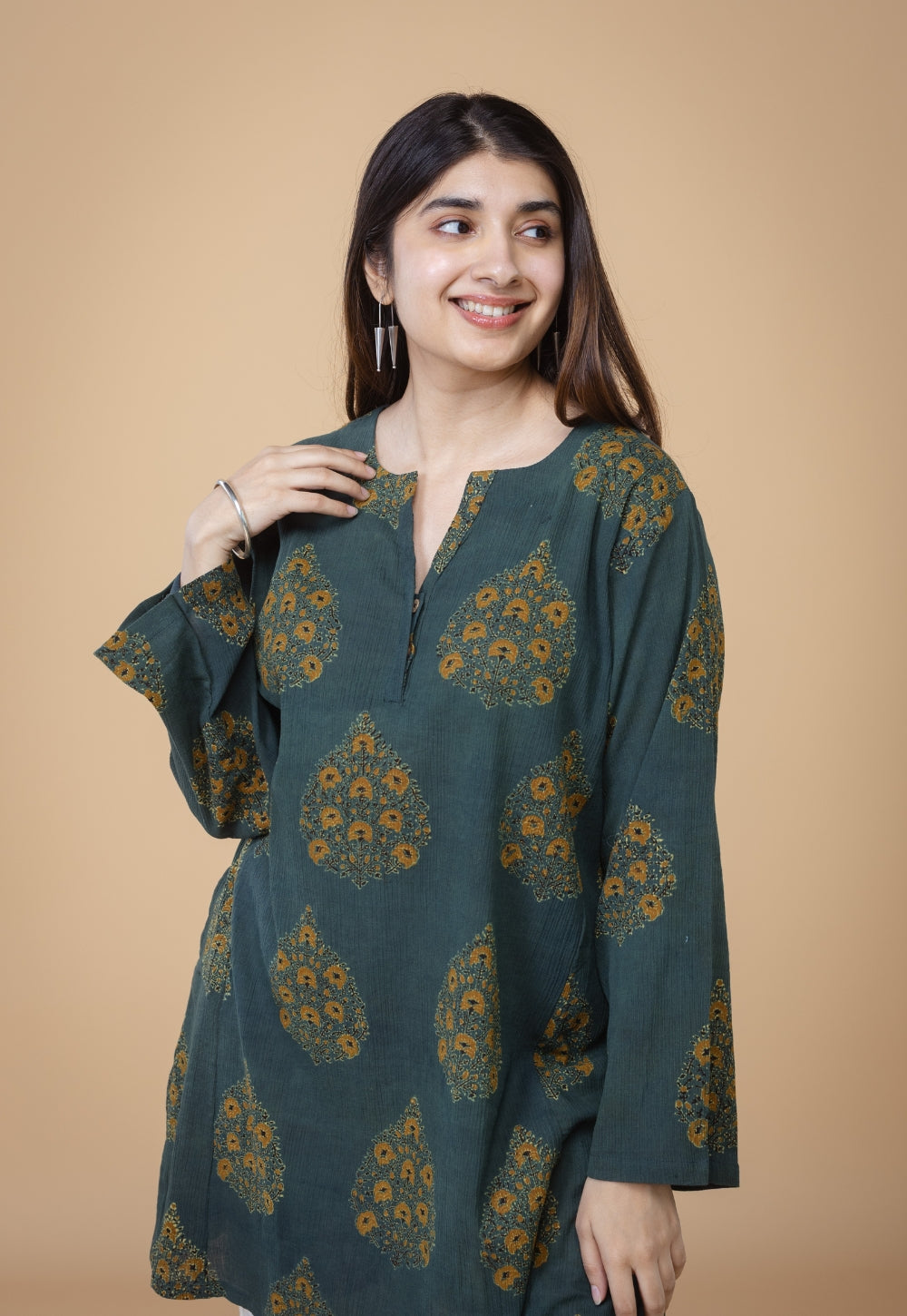 Veda Green Ajrakh Crush Cotton A Line Kurta
