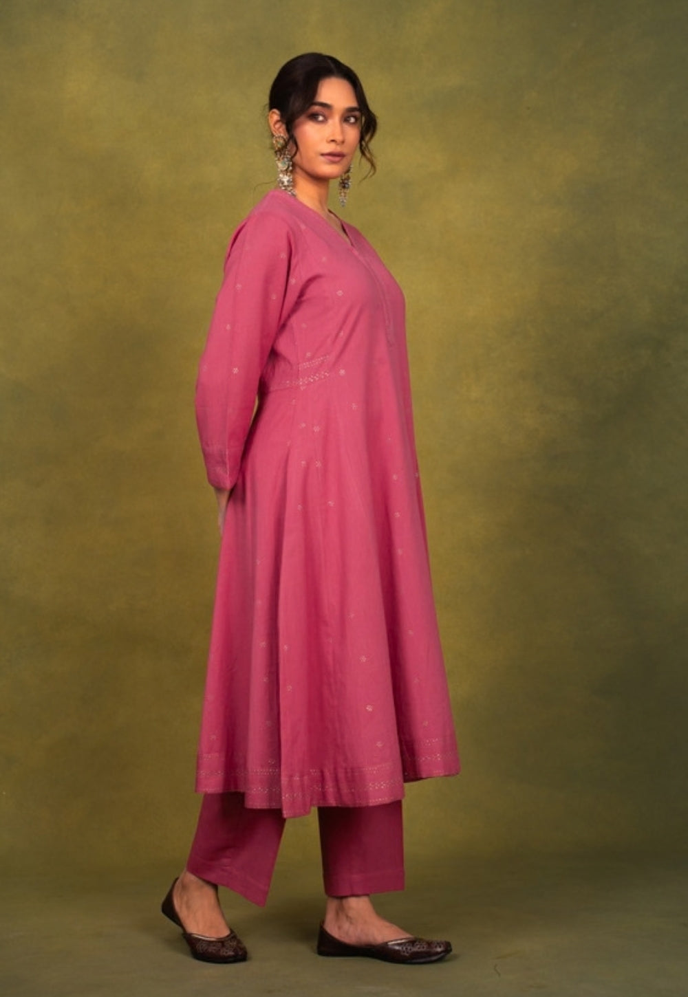 Sadia Pink Rogan Handblock Printed Cotton Kali Kurta Suit Set (Set of 3)