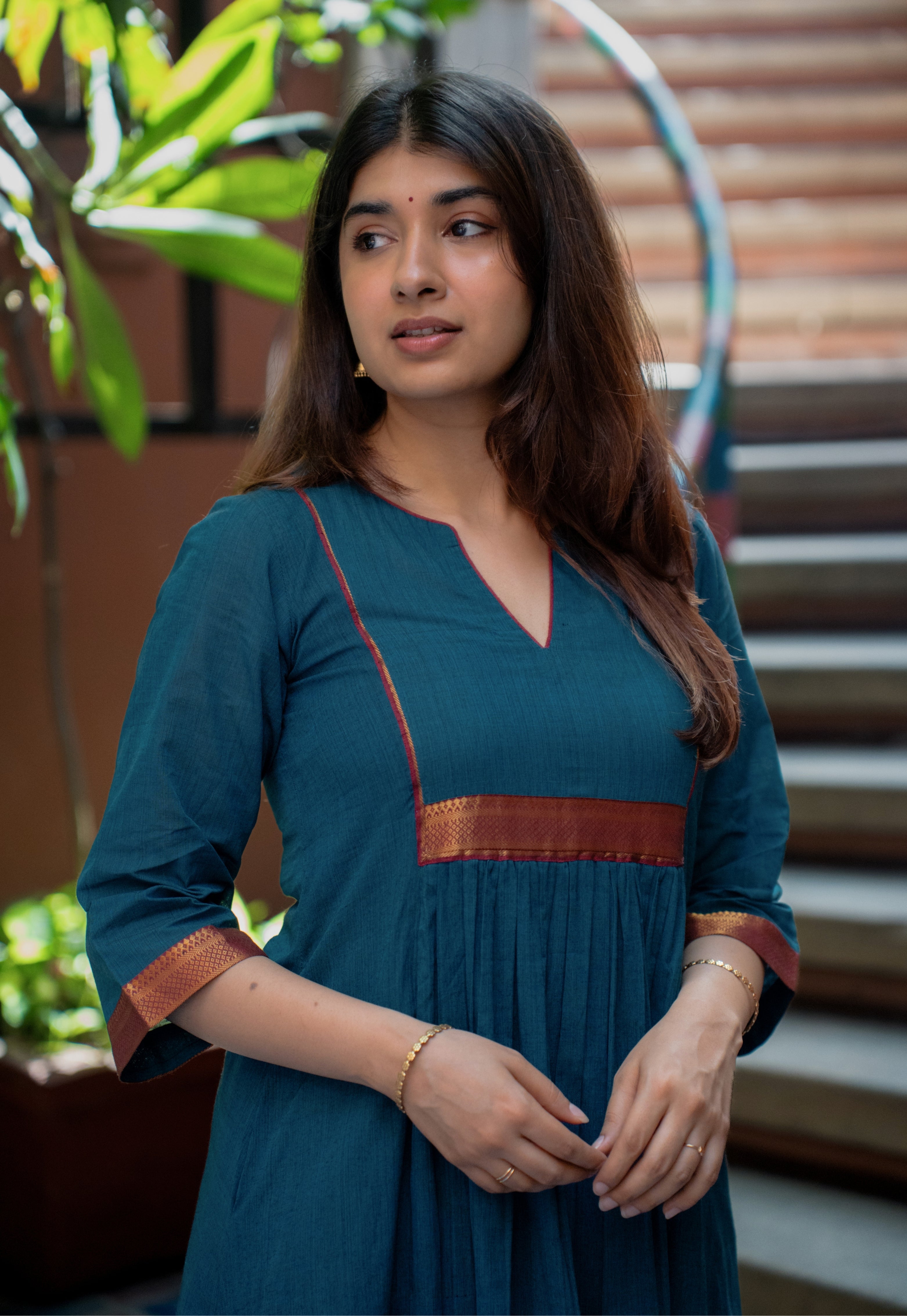 Lipika Blue Mangalgiri Cotton A Line Kurta with Nizam Border