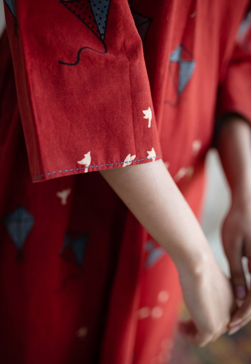 Amdavad Patang Ajrakh Red Cotton Hand Embroidered Dress