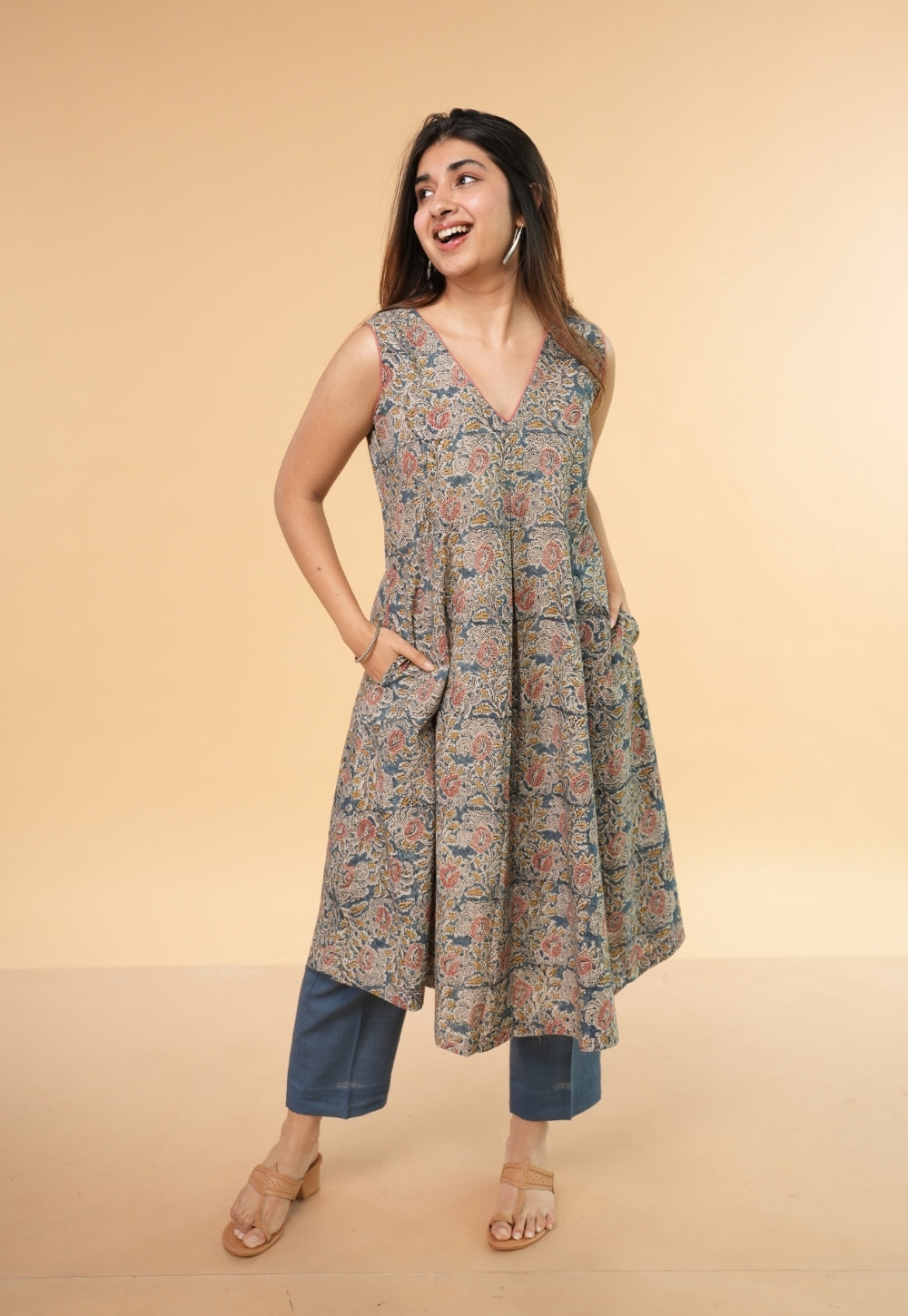 Raahi Blue Kalamkari Cotton Kali Kurta