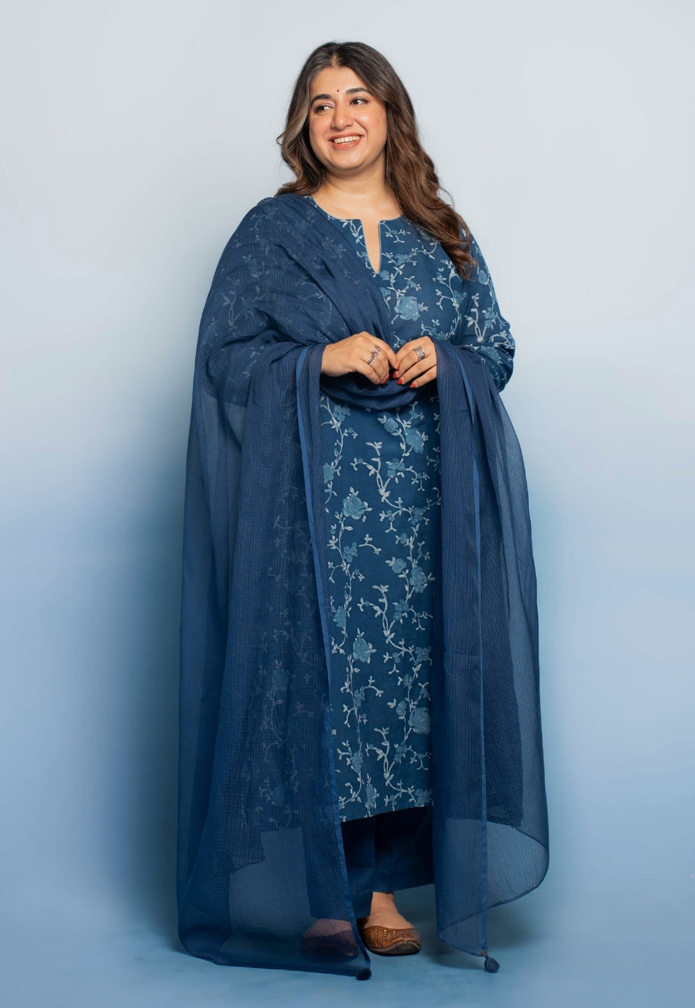 Zoohi Blue Dabu Mul Cotton A Line Kurta