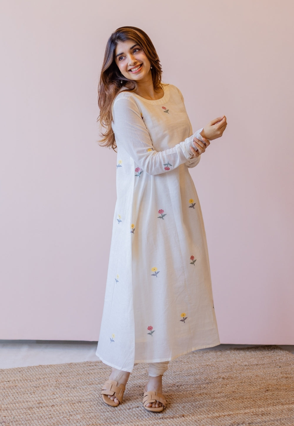 Kiran Off White Jamdani Handspun Handwoven Cotton A Line Kurta