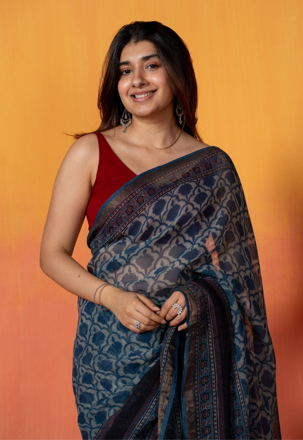 Black Floral Jaal Ajrakh Hand Block Print Kota Doria Cotton Saree