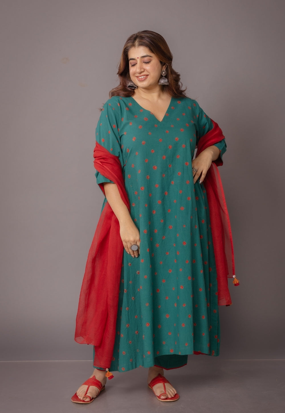 Swara Green Bandhani Cotton Kali Suit Set with Embroidery (Set of 3)
