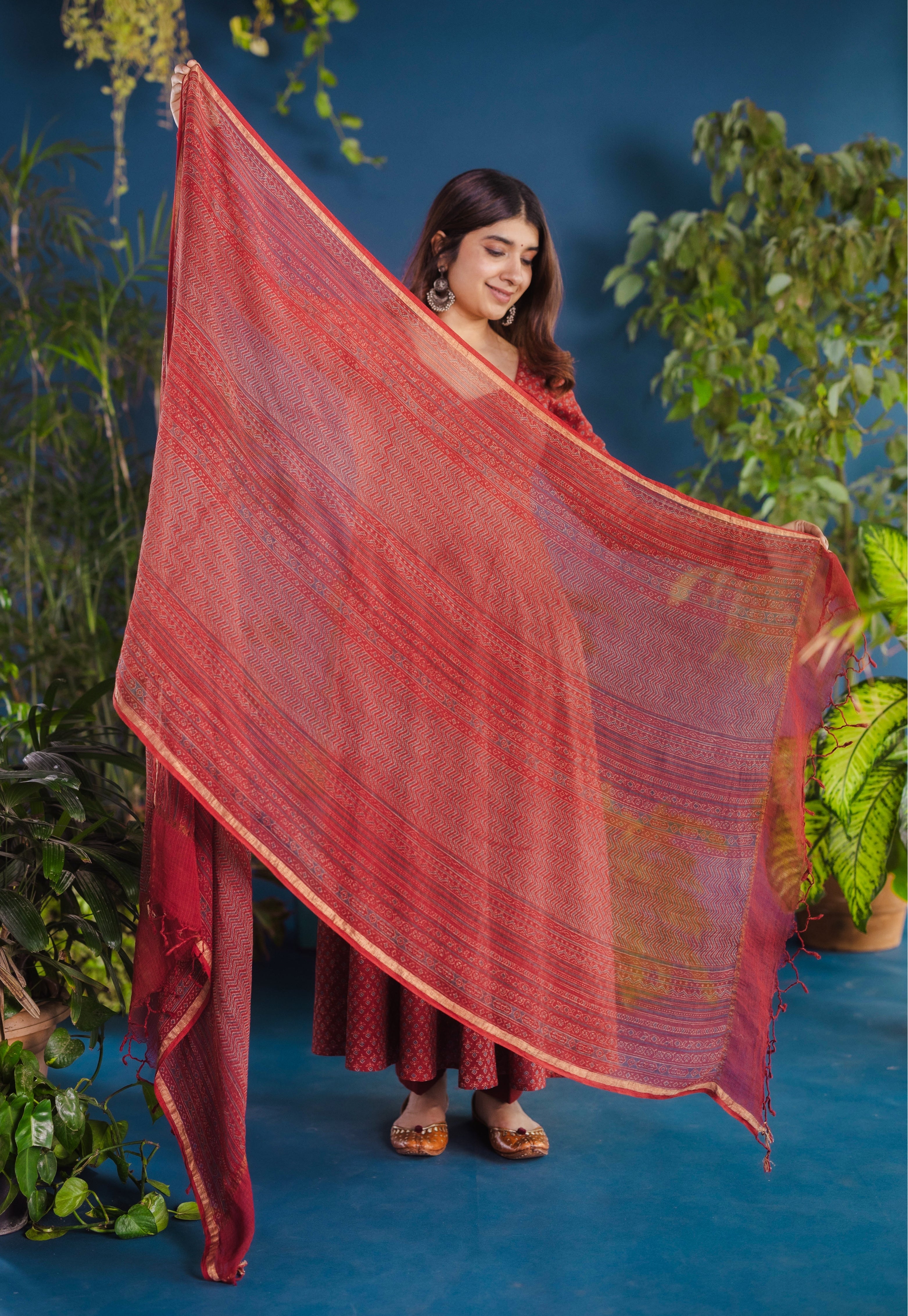 Red Chevron Ajrakh Kota Doria Cotton Dupatta