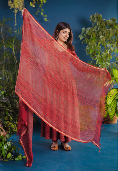 Red Chevron Ajrakh Kota Doria Cotton Dupatta
