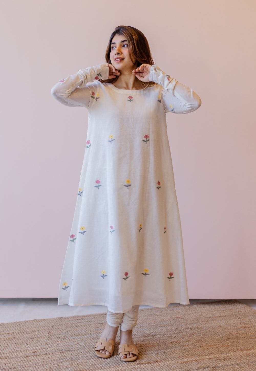 Kiran Off White Jamdani Handspun Handwoven Cotton A Line Kurta