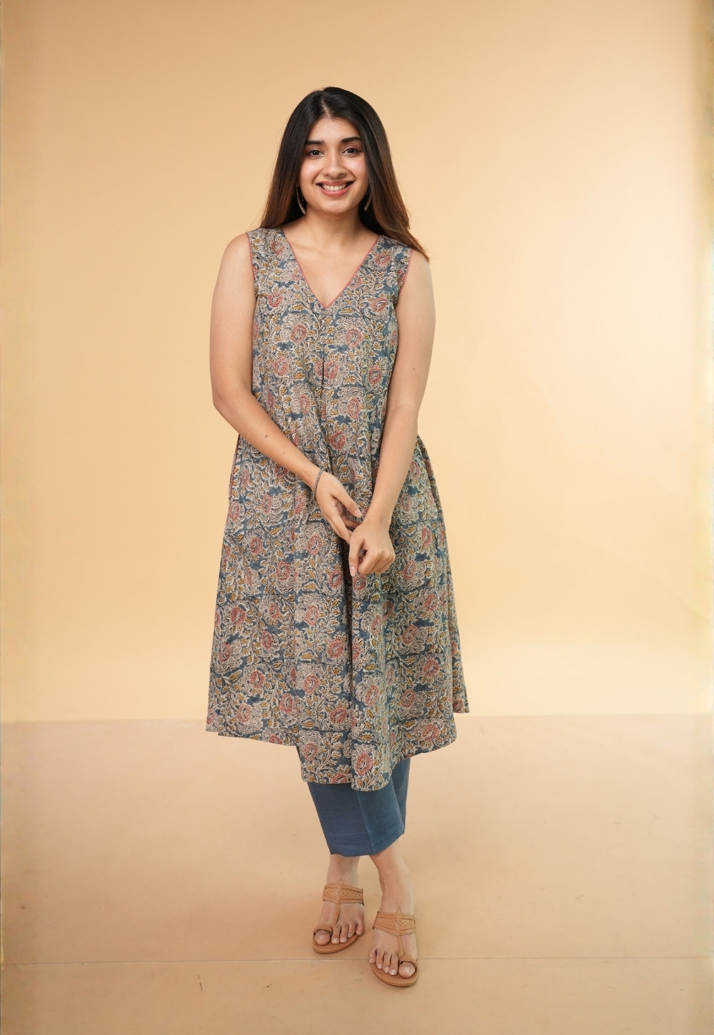 Raahi Blue Kalamkari Cotton Kali Kurta