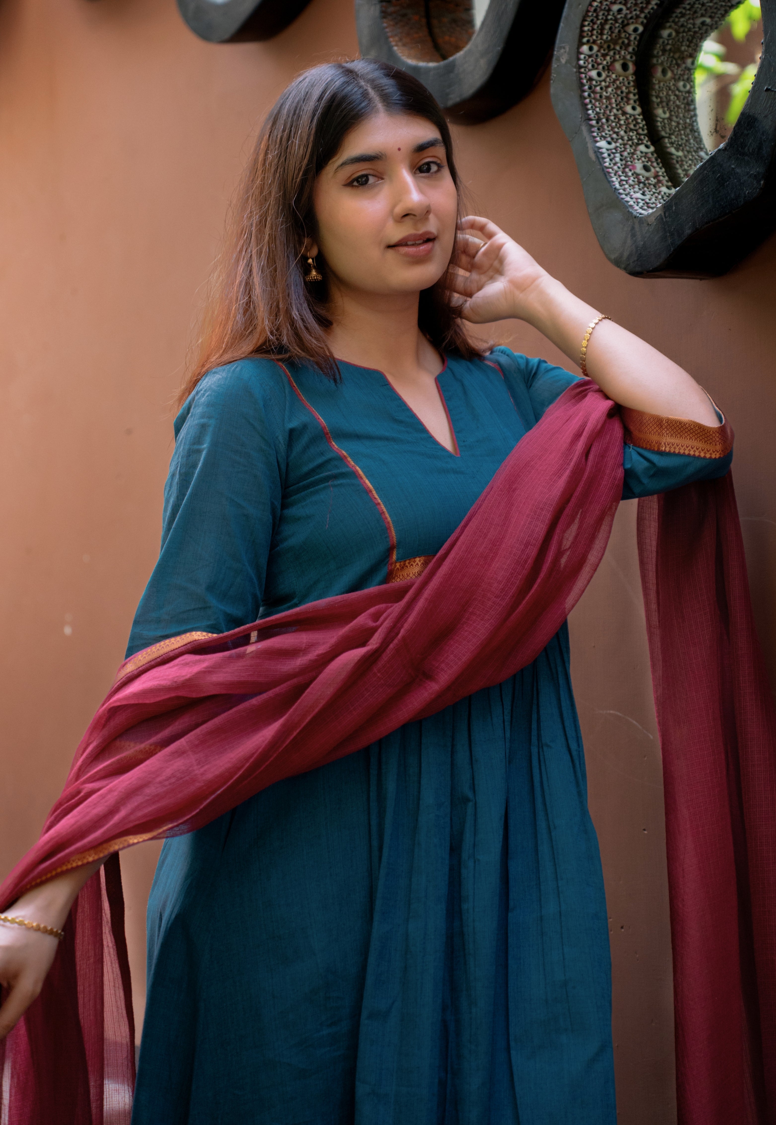 Dark Red Solid Kota Doria Cotton Dupatta with Mangalgiri Border