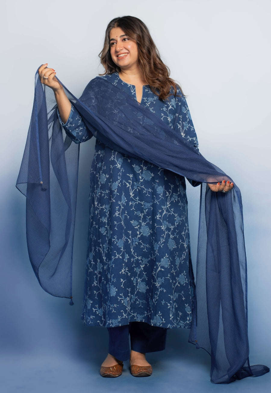 Blue Solid Kota Doria Cotton Dupatta with Tassels
