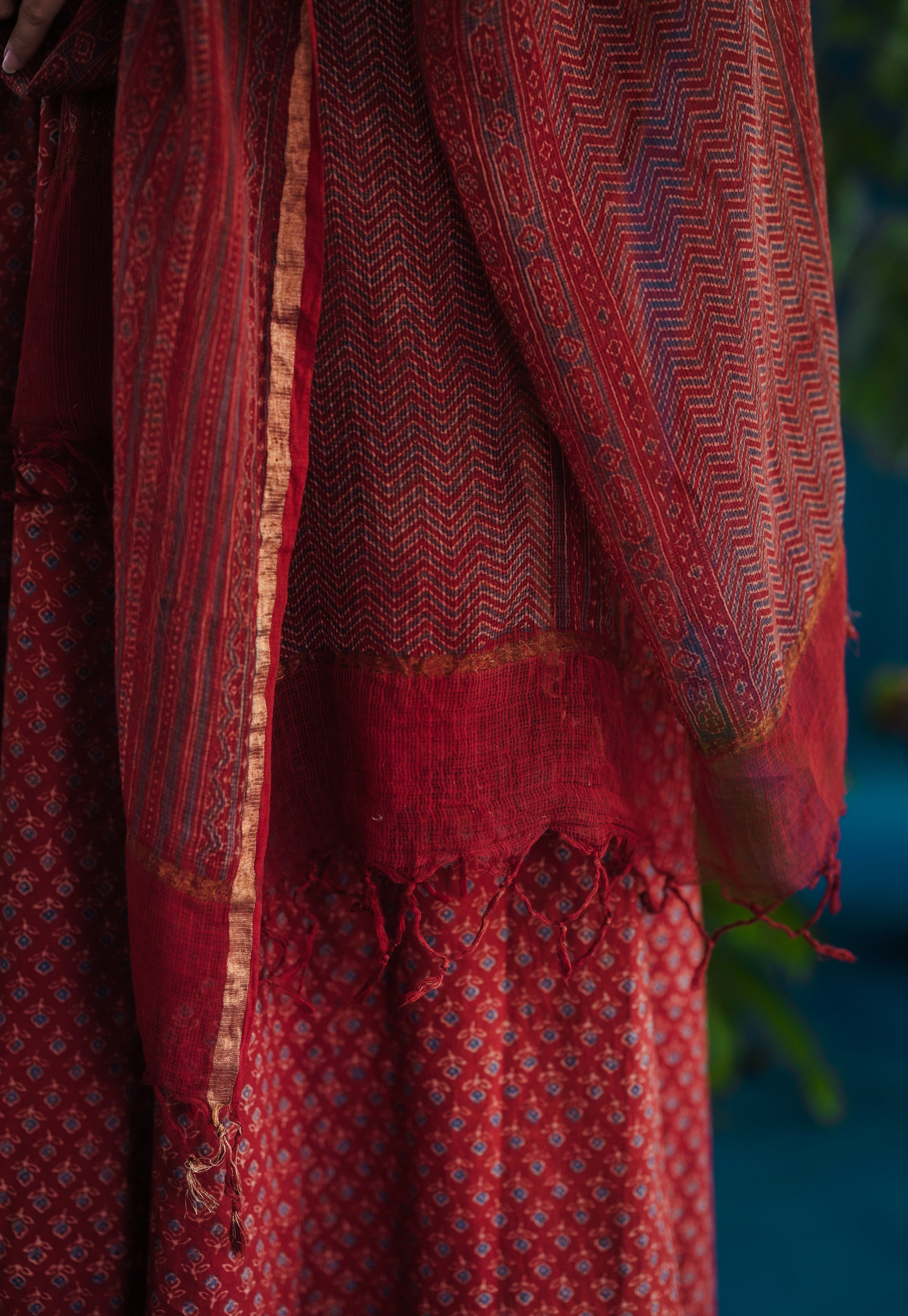 Red Chevron Ajrakh Kota Doria Cotton Dupatta