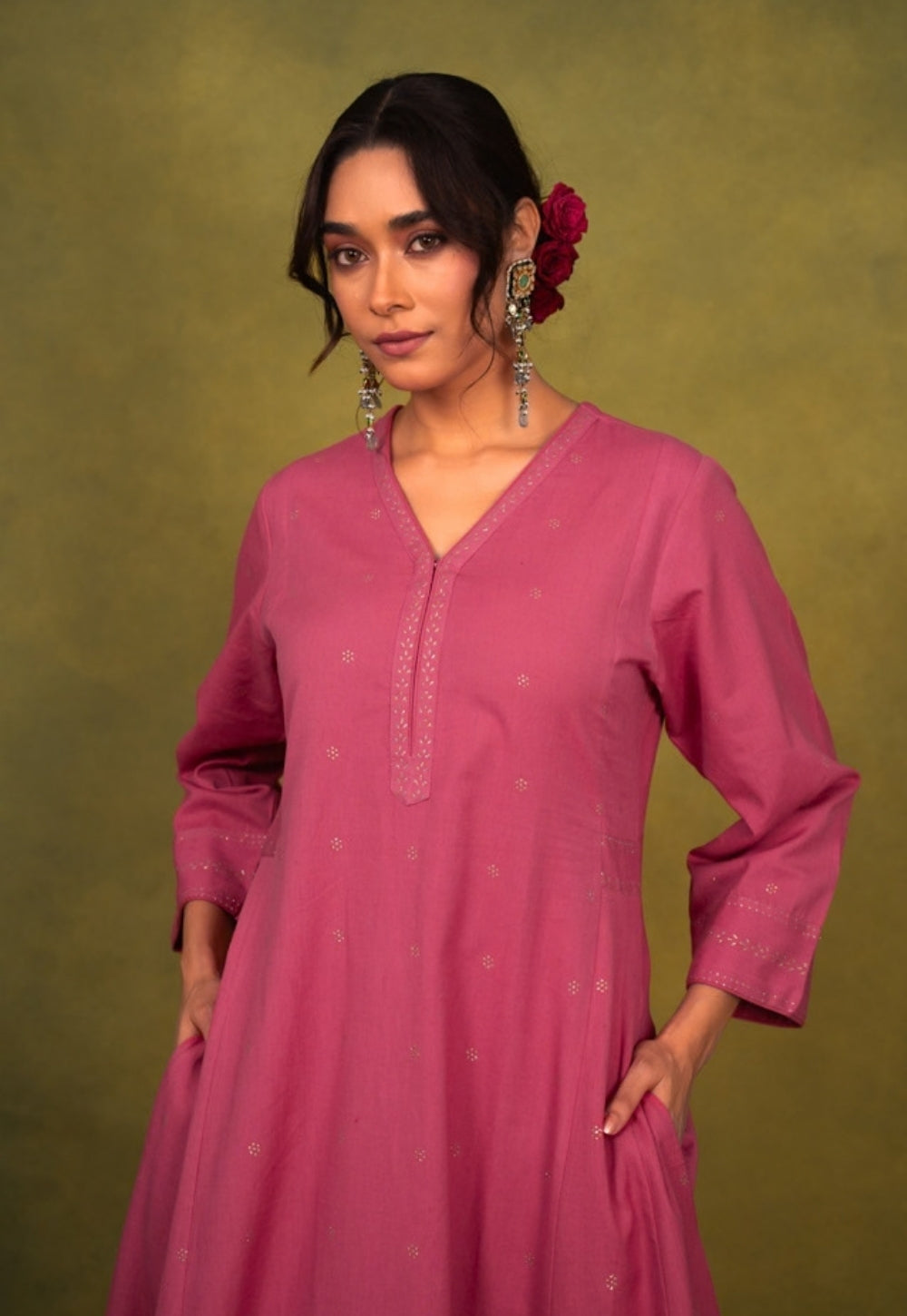 Sadia Pink Rogan Handblock Printed Cotton Kali Kurta Suit Set (Set of 3)