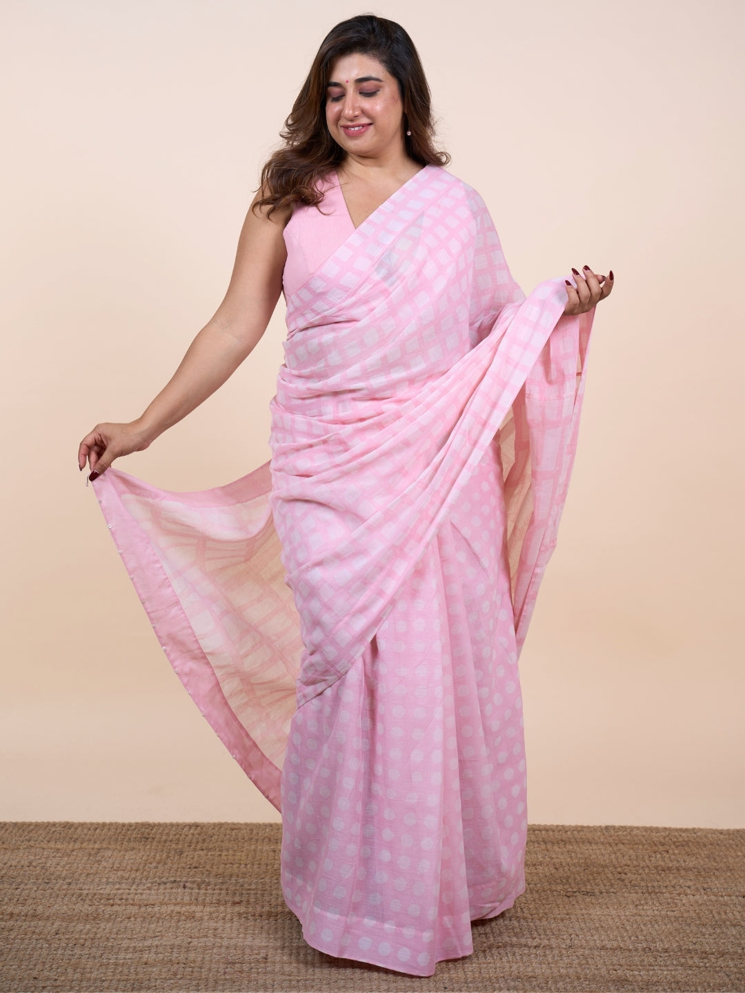 Zohreen Pink Batik Hand Block Print Mul Cotton Saree with Embroidery