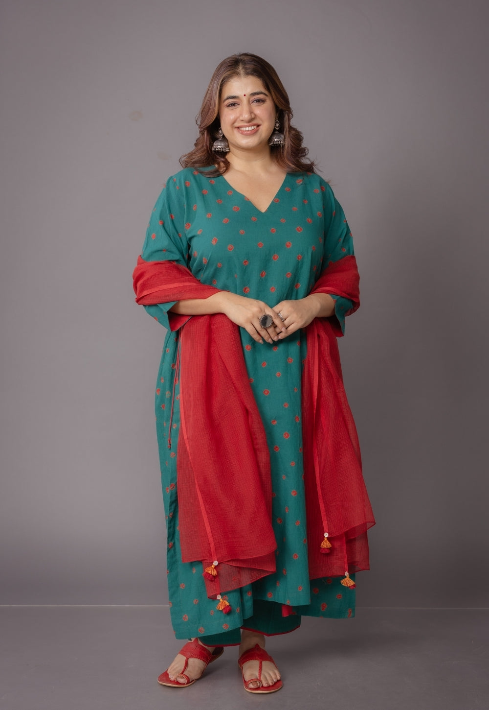 Swara Green Bandhani Cotton Kali Suit Set with Embroidery (Set of 3)