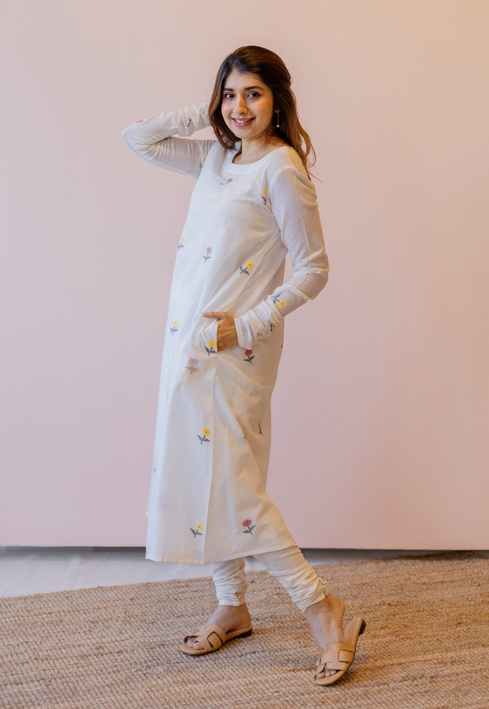 Kiran Off White Jamdani Handspun Handwoven Cotton A Line Kurta