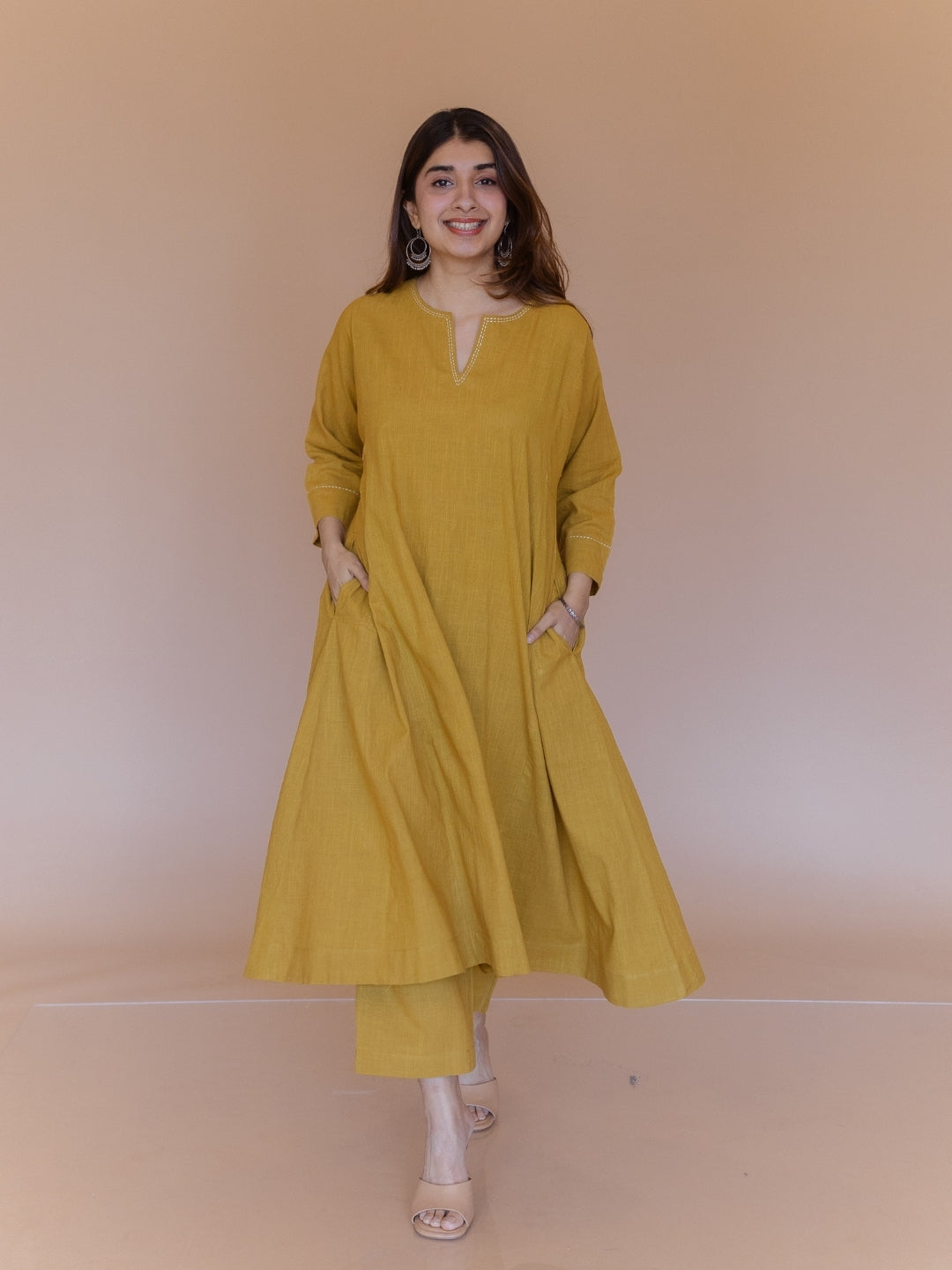 Yashi Yellow Solid Slub Cotton Straight Pant