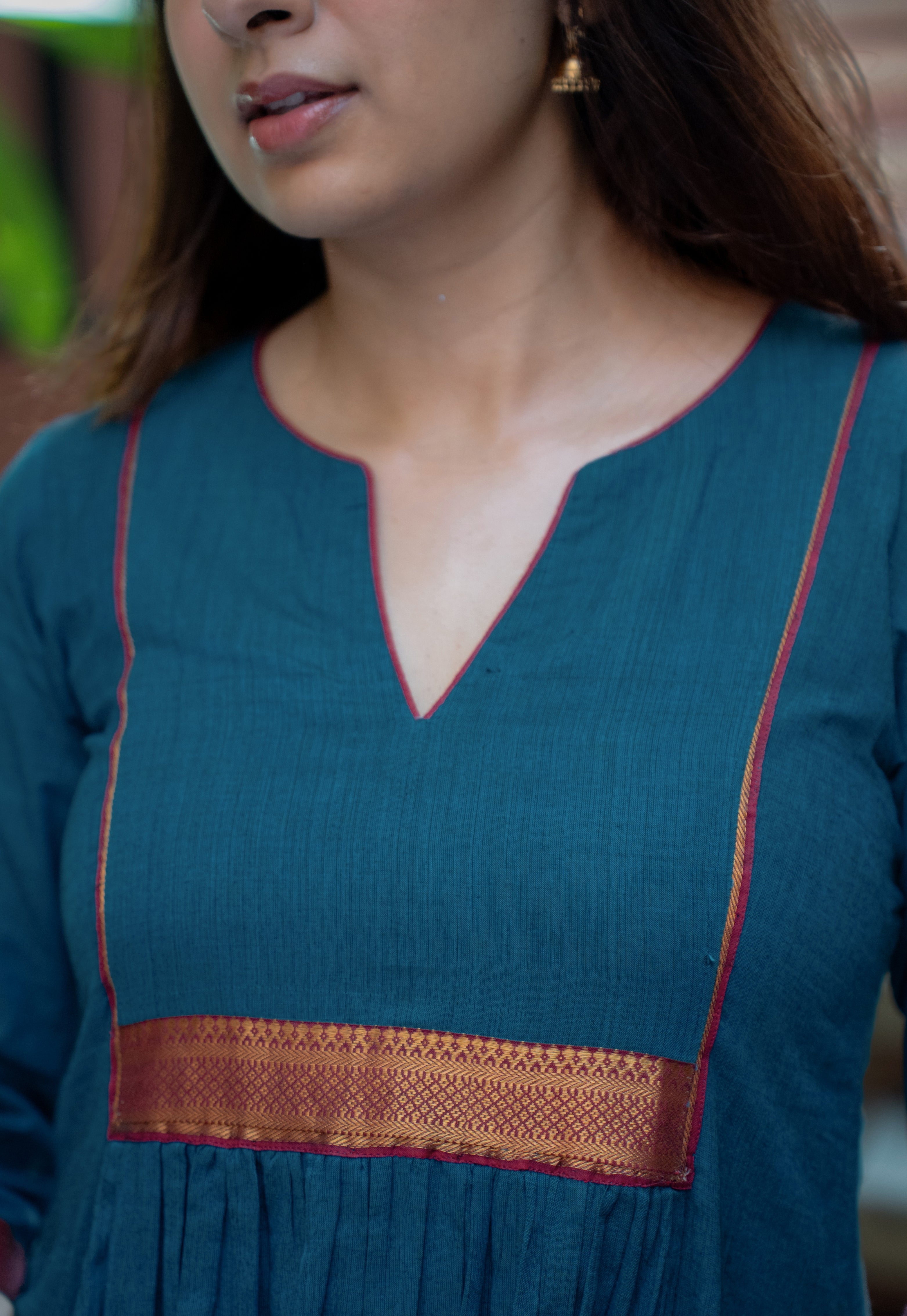 Lipika Blue Mangalgiri Cotton A Line Kurta with Nizam Border