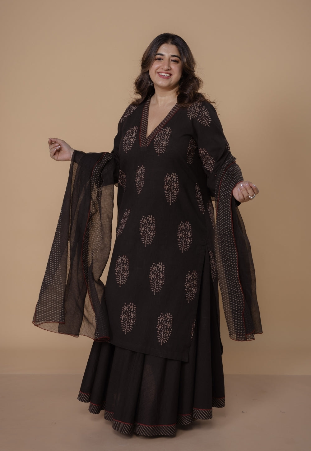 Sireen Brown Solid Slub Cotton A Line Skirt