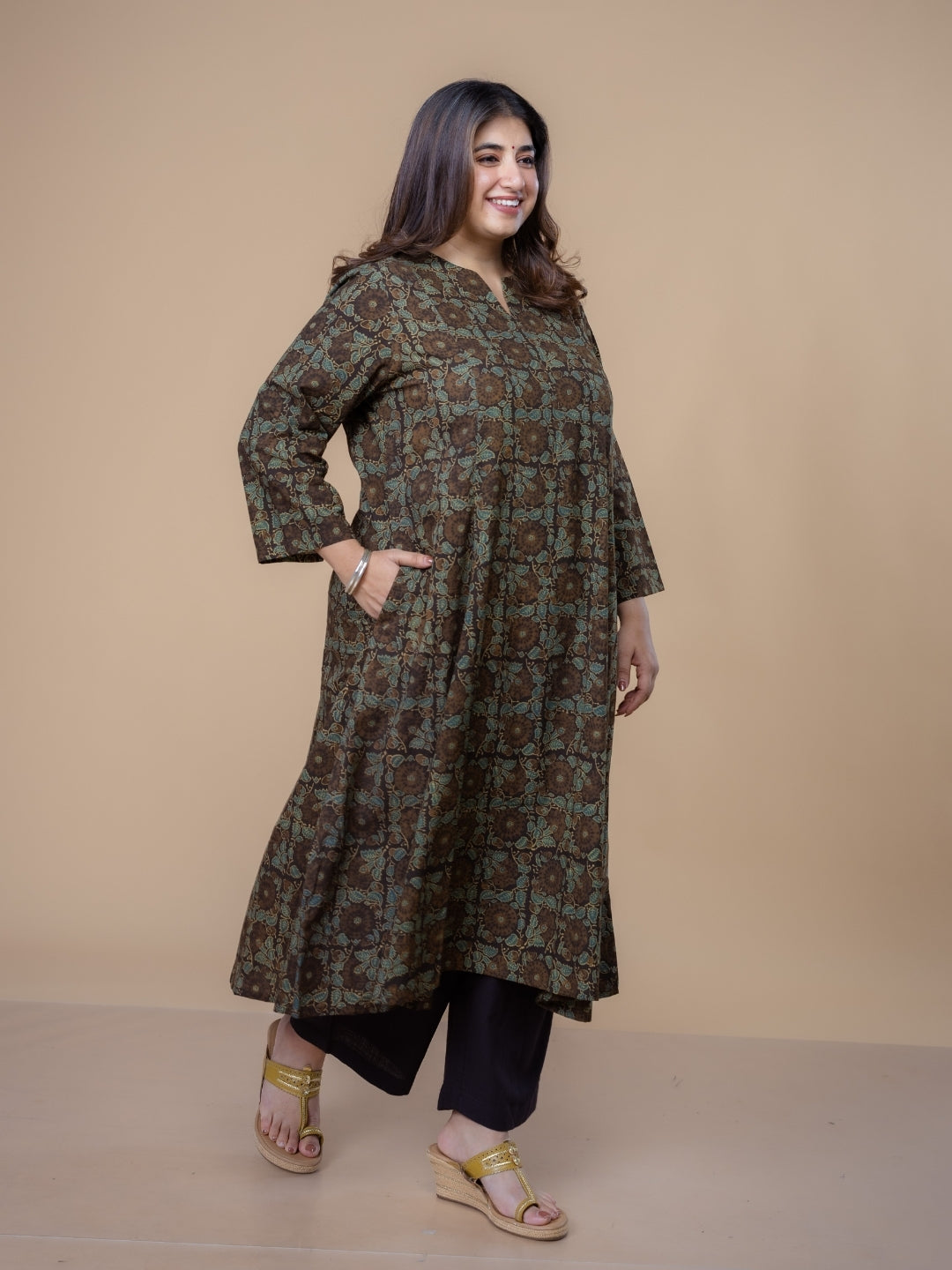 Malika Brown Ajrakh Cotton Kali Kurta