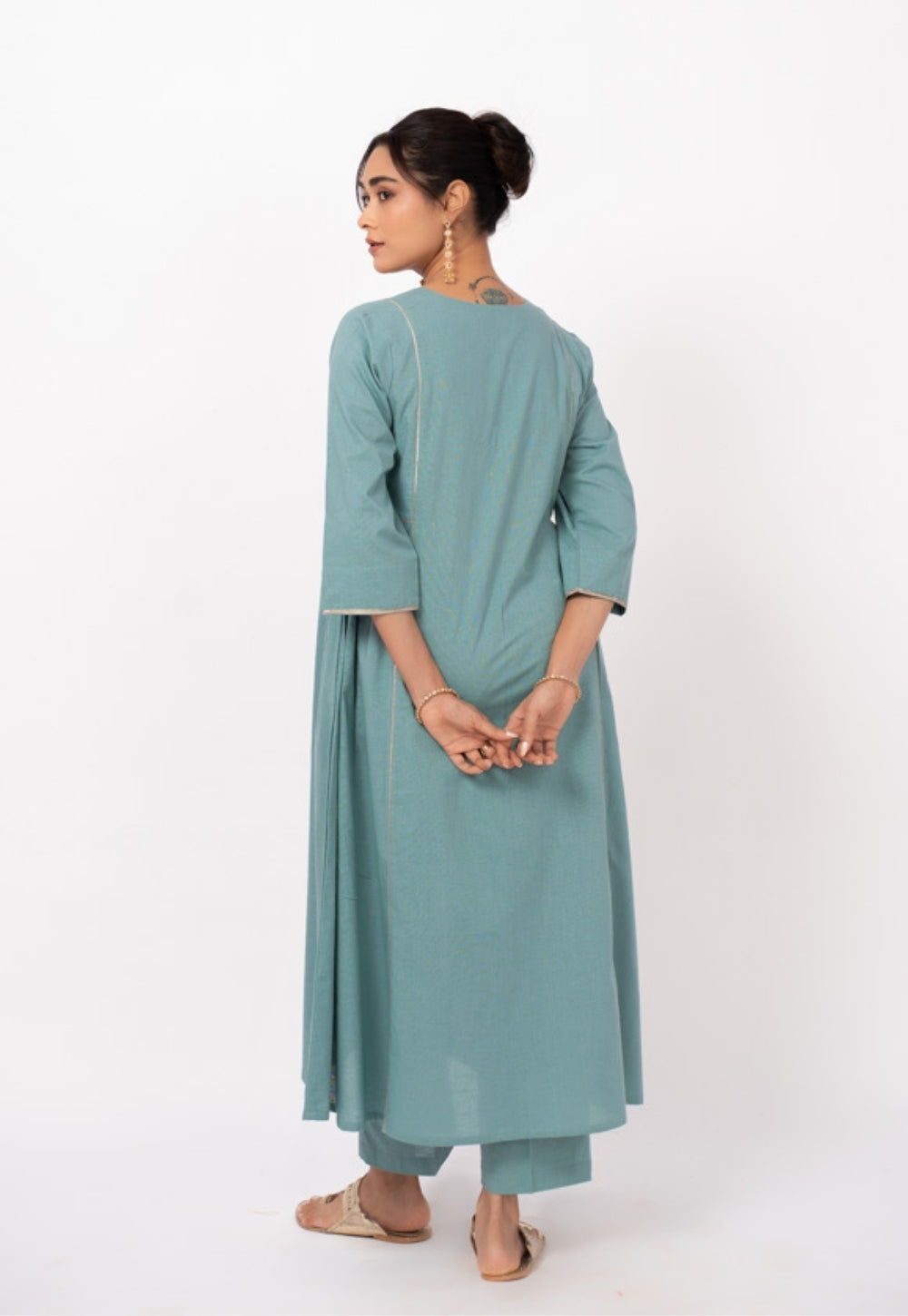 Tamanna Blue Solid Slub Cotton Kali Kurta Suit Set with Printed Dupatta (Set of 3)