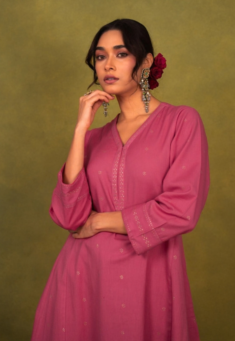 Sadia Pink Rogan Handblock Printed Cotton Kali Kurta Suit Set (Set of 3)