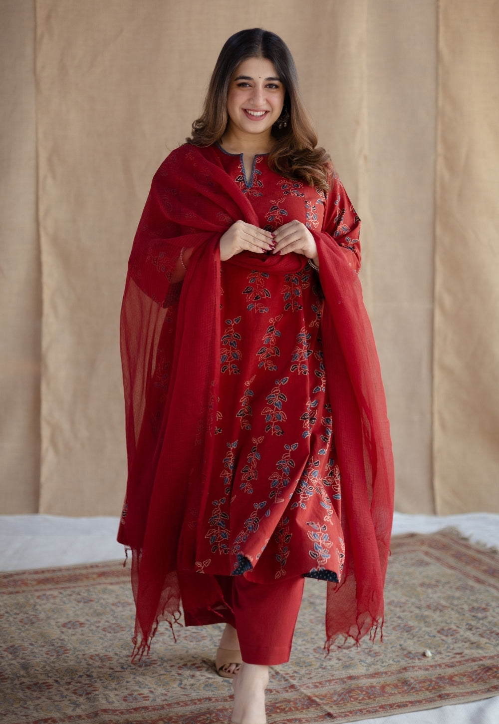 Malika Red Ajrakh Cotton Kali Kurta with Hand Embroidery