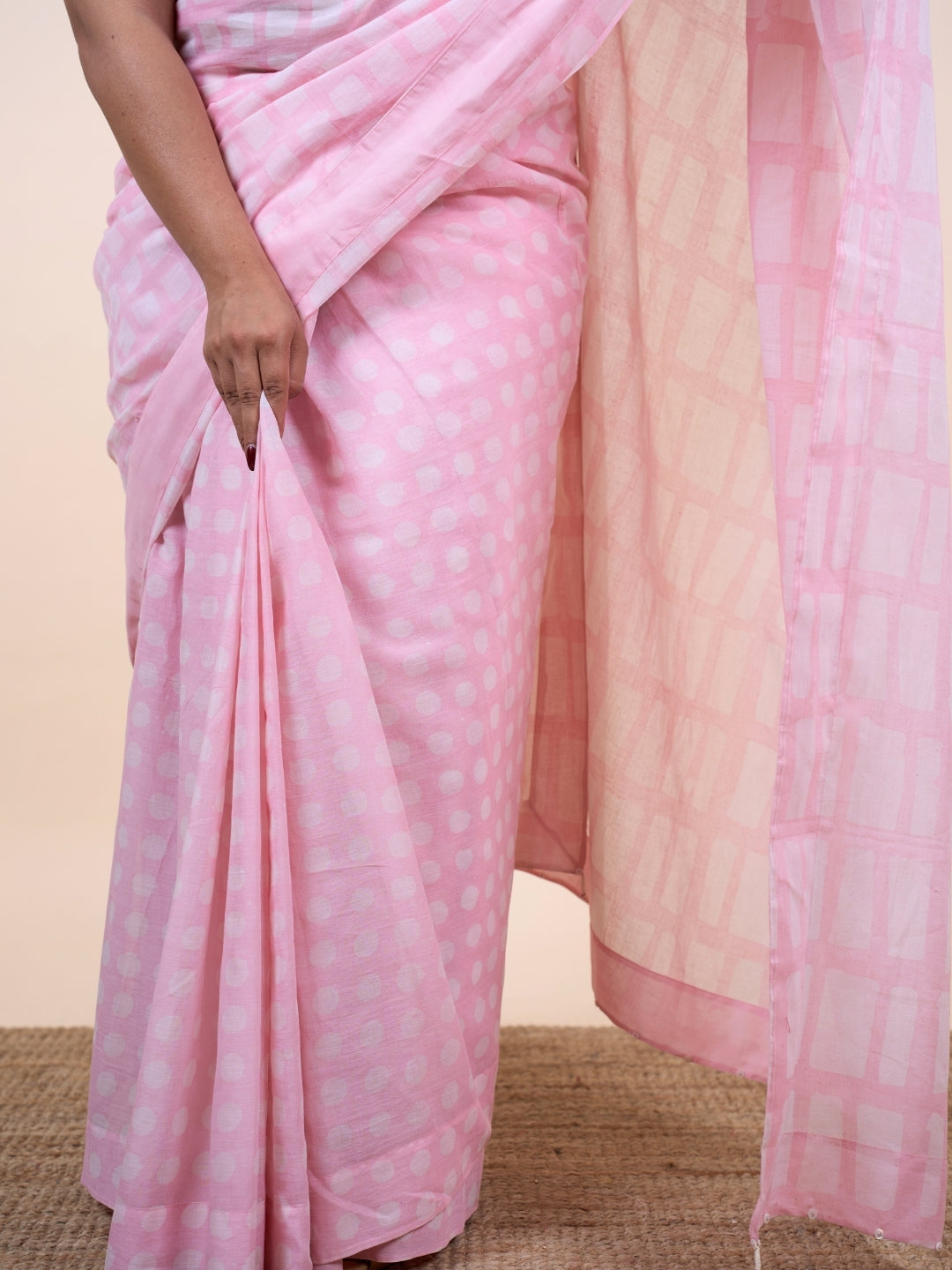 Zohreen Pink Batik Hand Block Print Mul Cotton Saree with Embroidery