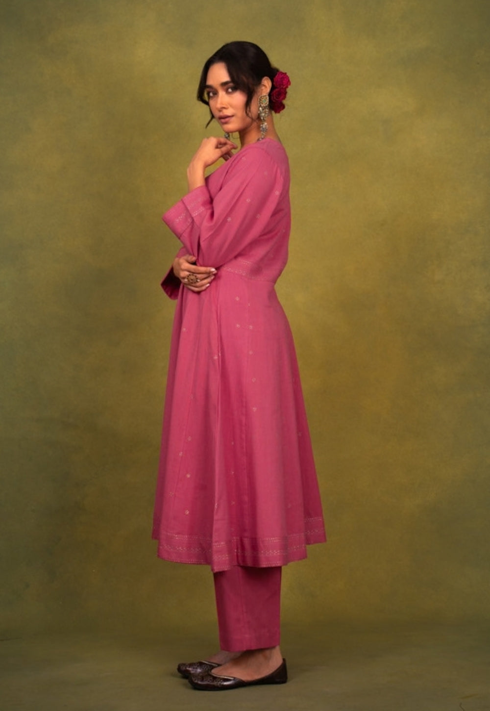 Sadia Pink Rogan Handblock Printed Cotton Kali Kurta Suit Set (Set of 3)