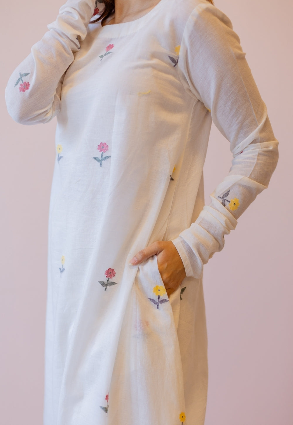 Kiran Off White Jamdani Handspun Handwoven Cotton A Line Kurta