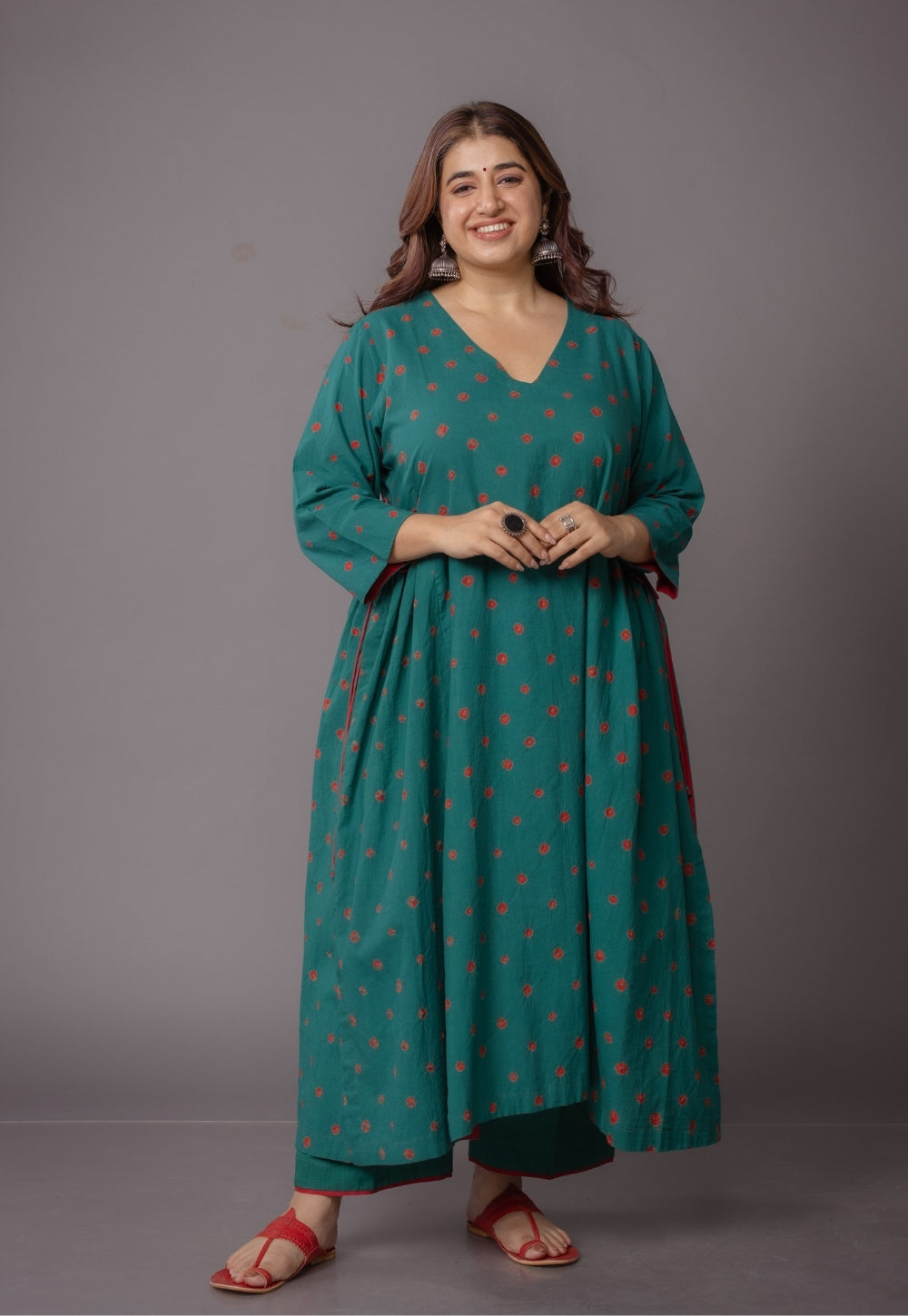 Swara Green Bandhani Cotton Kali Suit Set with Embroidery (Set of 3)