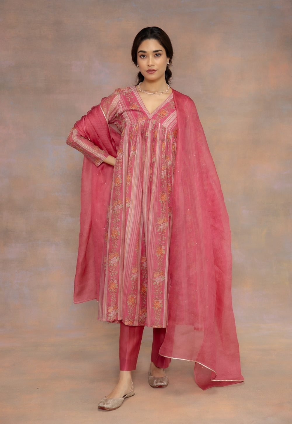 Rooz Pink Sanganeri Chanderi Silk A Line Kurta with Lace Detailing