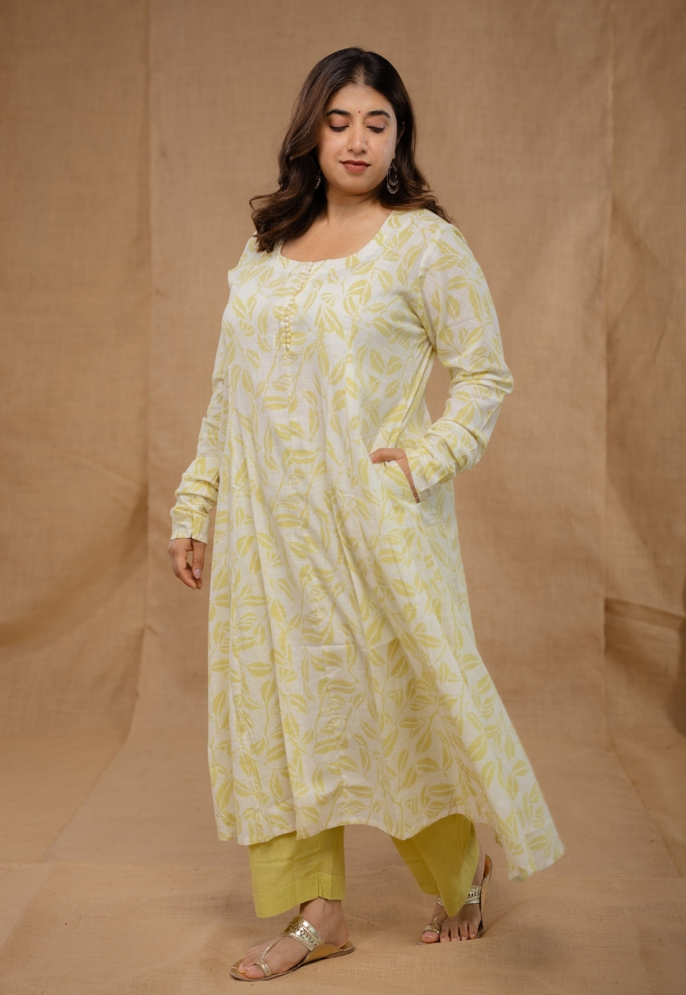 Akrita Green Hand Block Print Slub Cotton Kali Kurta