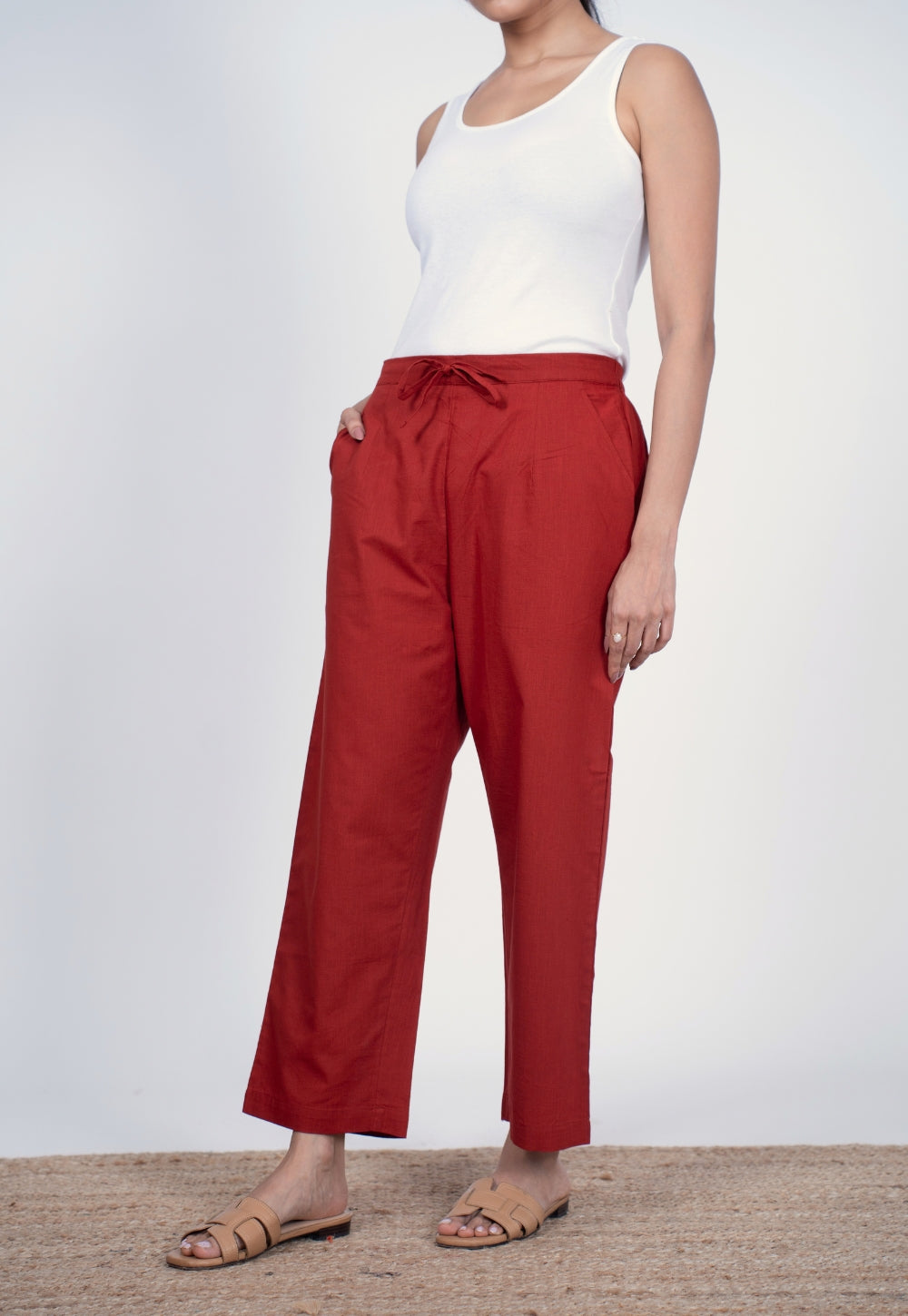 Yashi Red Solid Slub Cotton Straight Pant