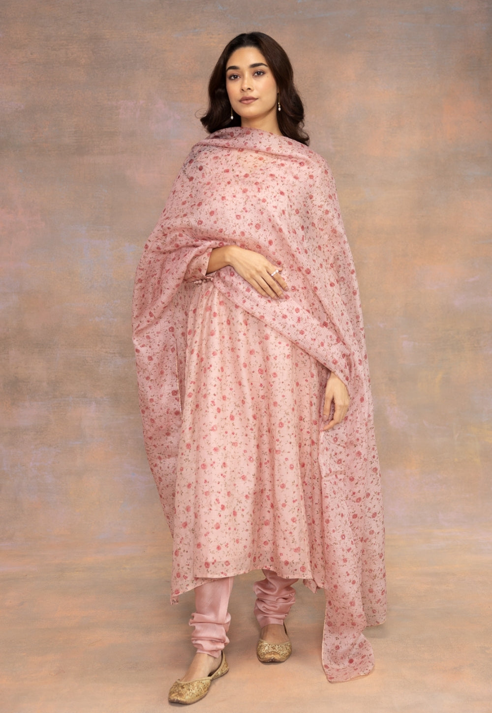 Rose Pink Sanganeri Kota Doria Silk Dupatta with Mukaish Detailing