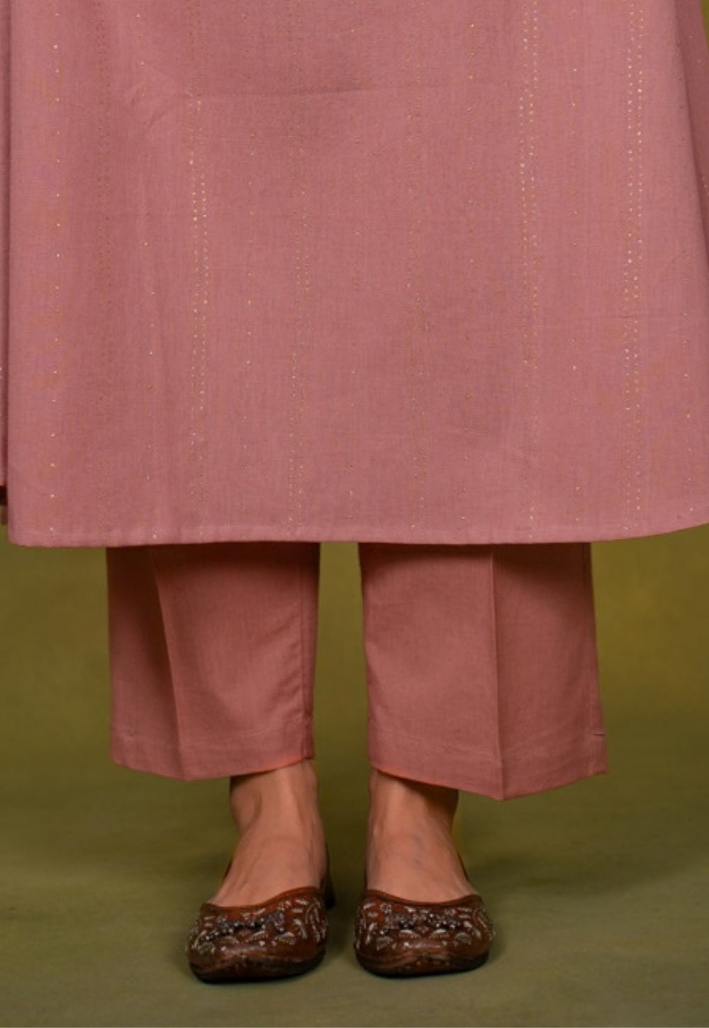 Eram Pink Rogan Handblock Printed Cotton Kali Kurta Suit Set (Set of 3)