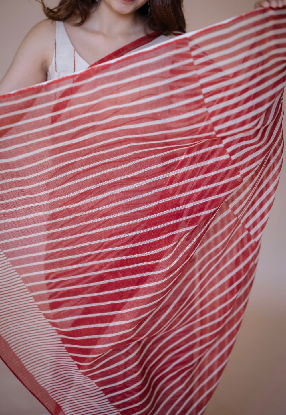 Off White Stripe Ajrakh Hand Block Print Kota Doria Cotton Saree